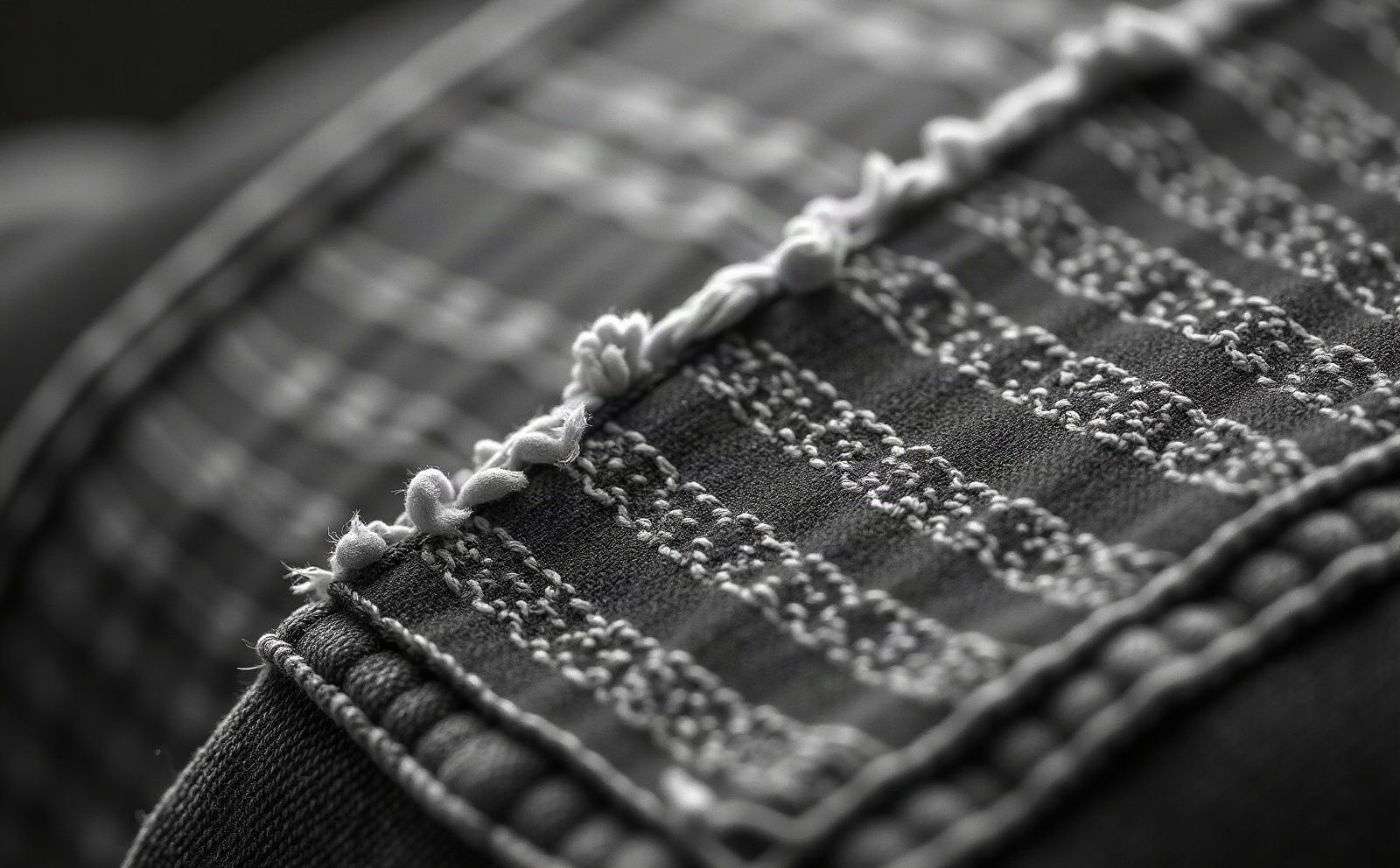 Close-up of hand-woven cloth stitched into faded denim