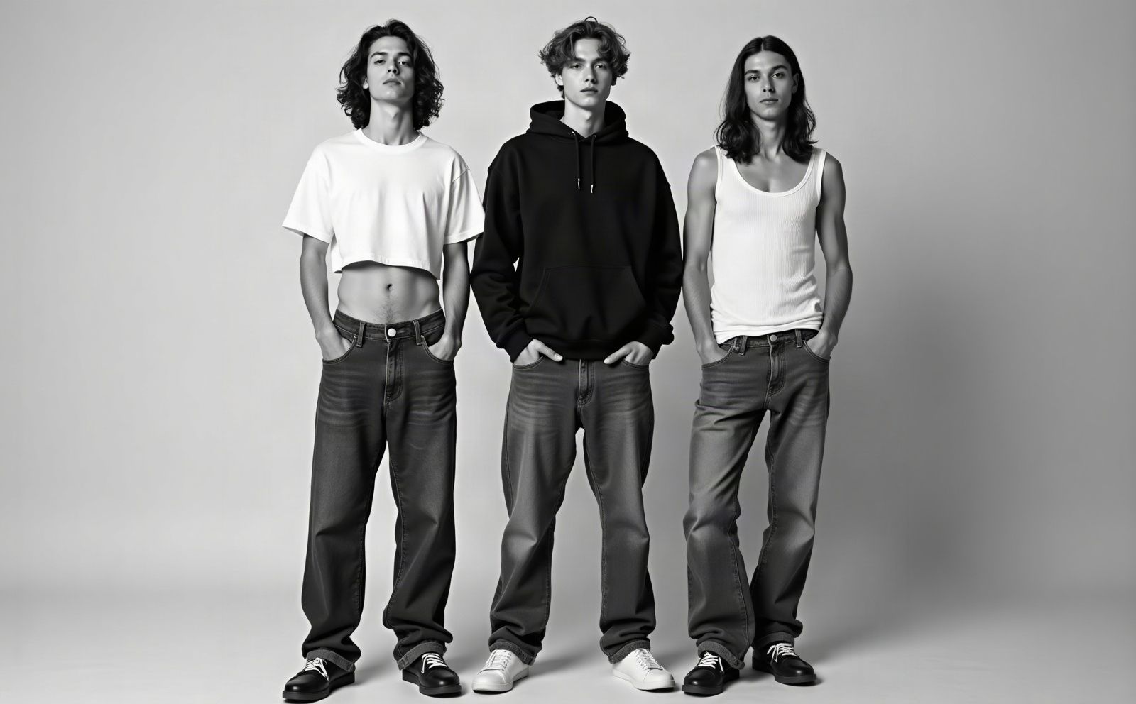Three models in a cropped white tee, a cropped black hoodie and a white ribbed tank, all in baggy vintage jeans