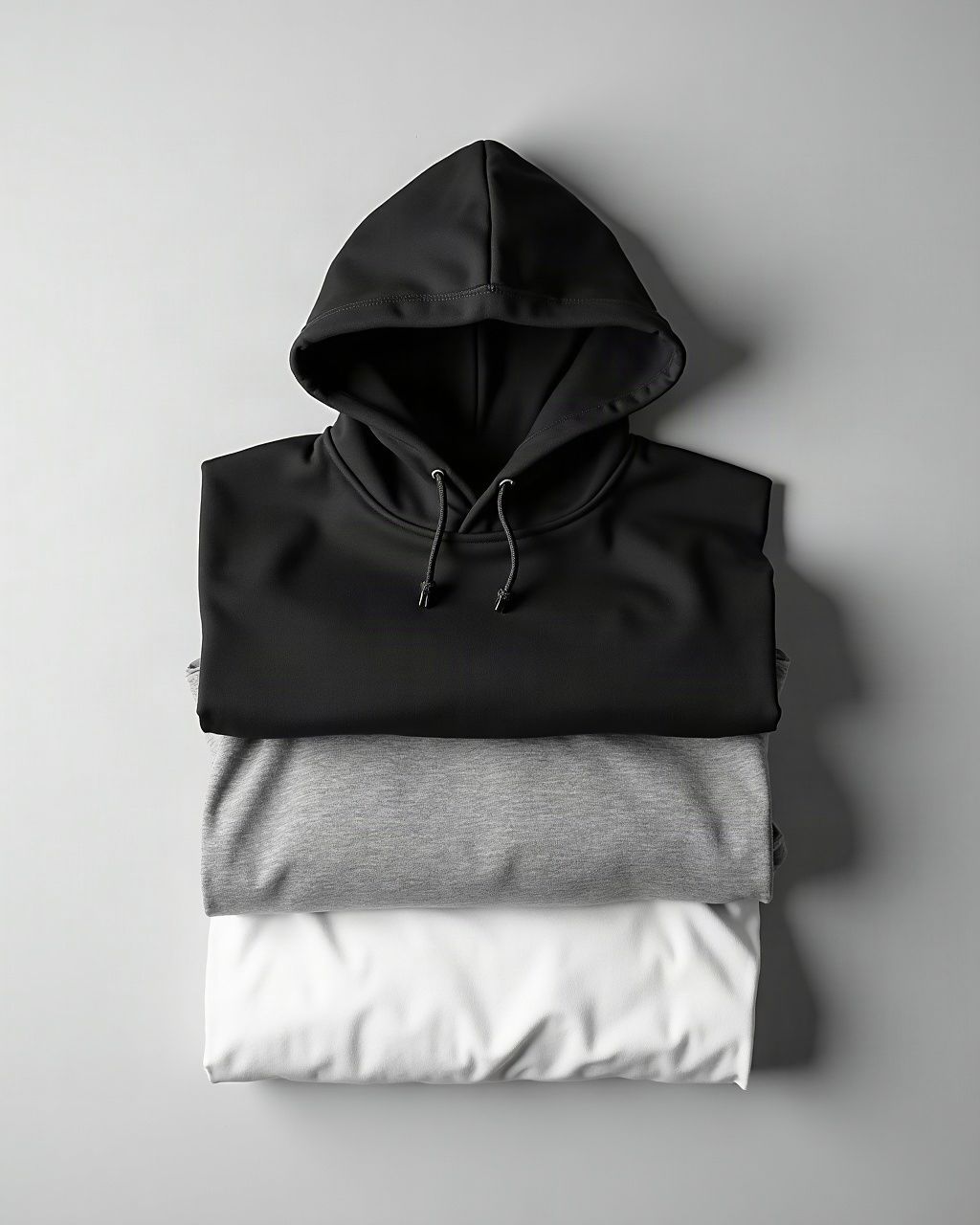Three folded cropped hoodies: black, heather grey and white