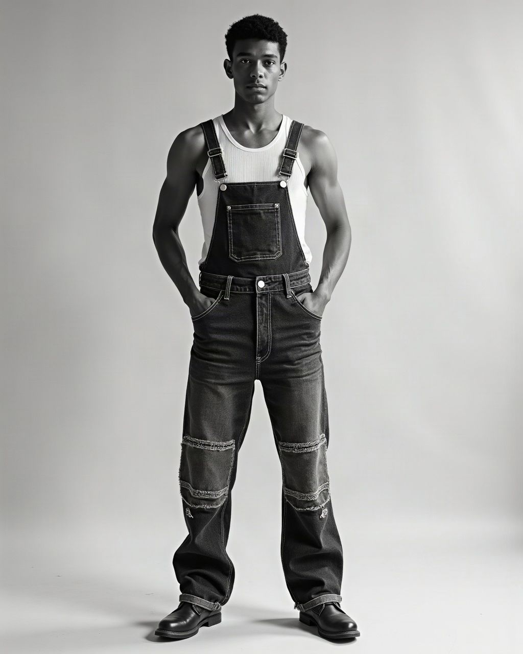 Look 02: vintage overalls with woven textile panels over a white tank