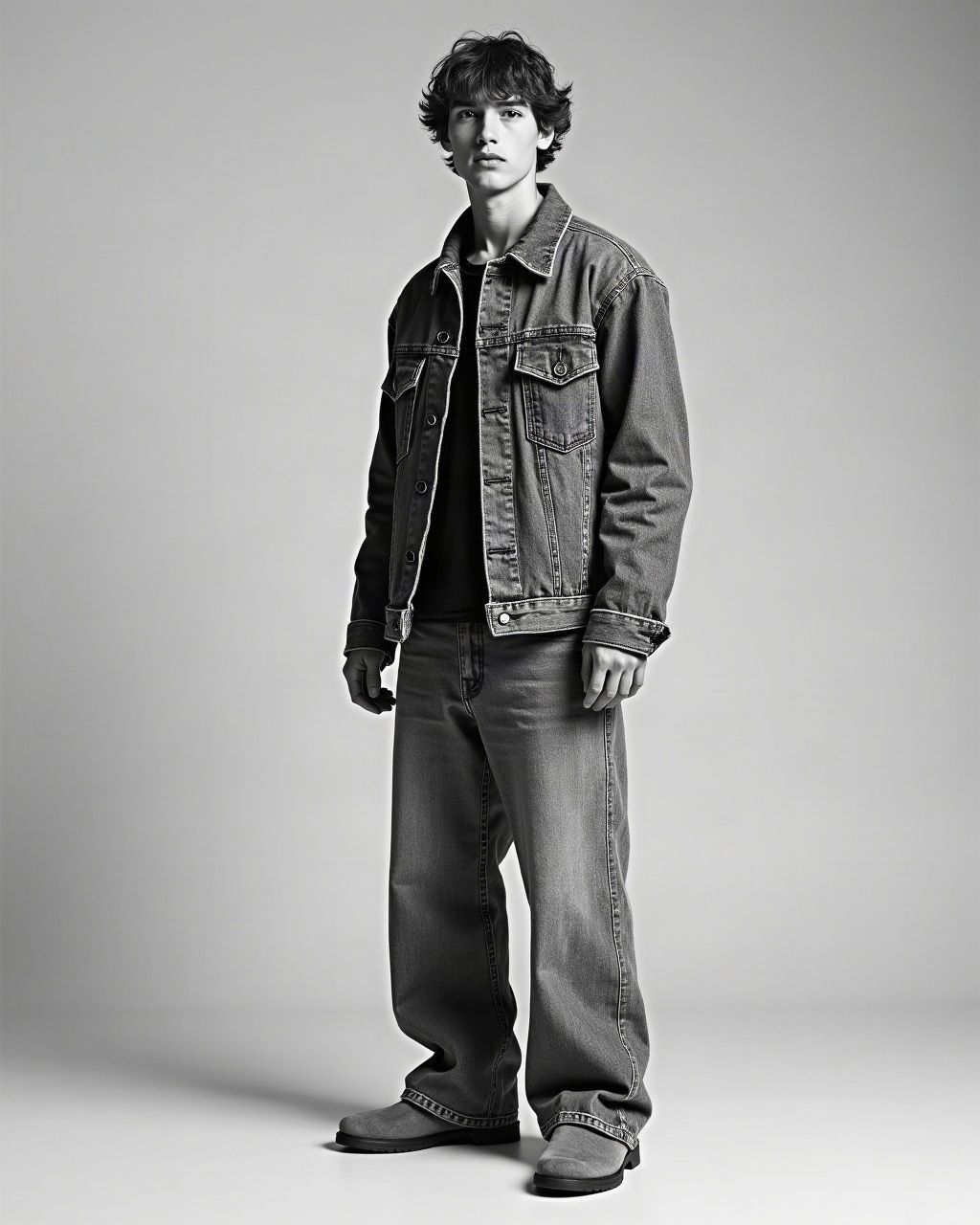 Look 04: patchwork denim jacket and wide-leg patchwork jeans