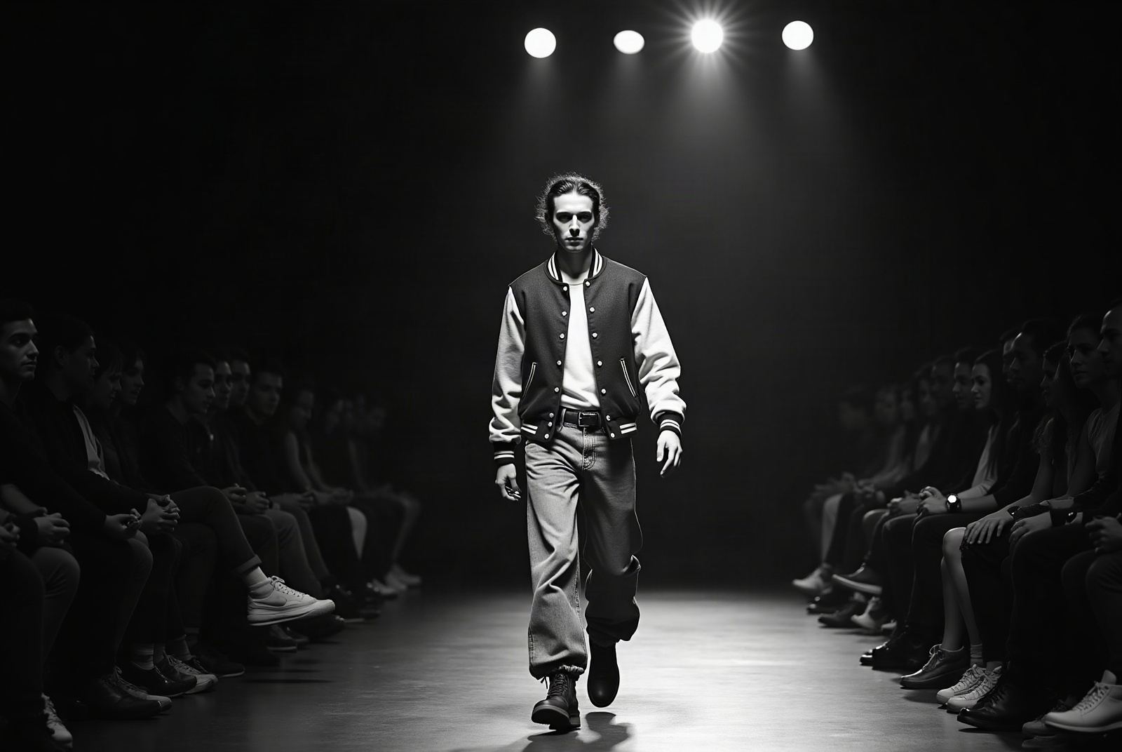 Model on a runway in a reworked varsity jacket