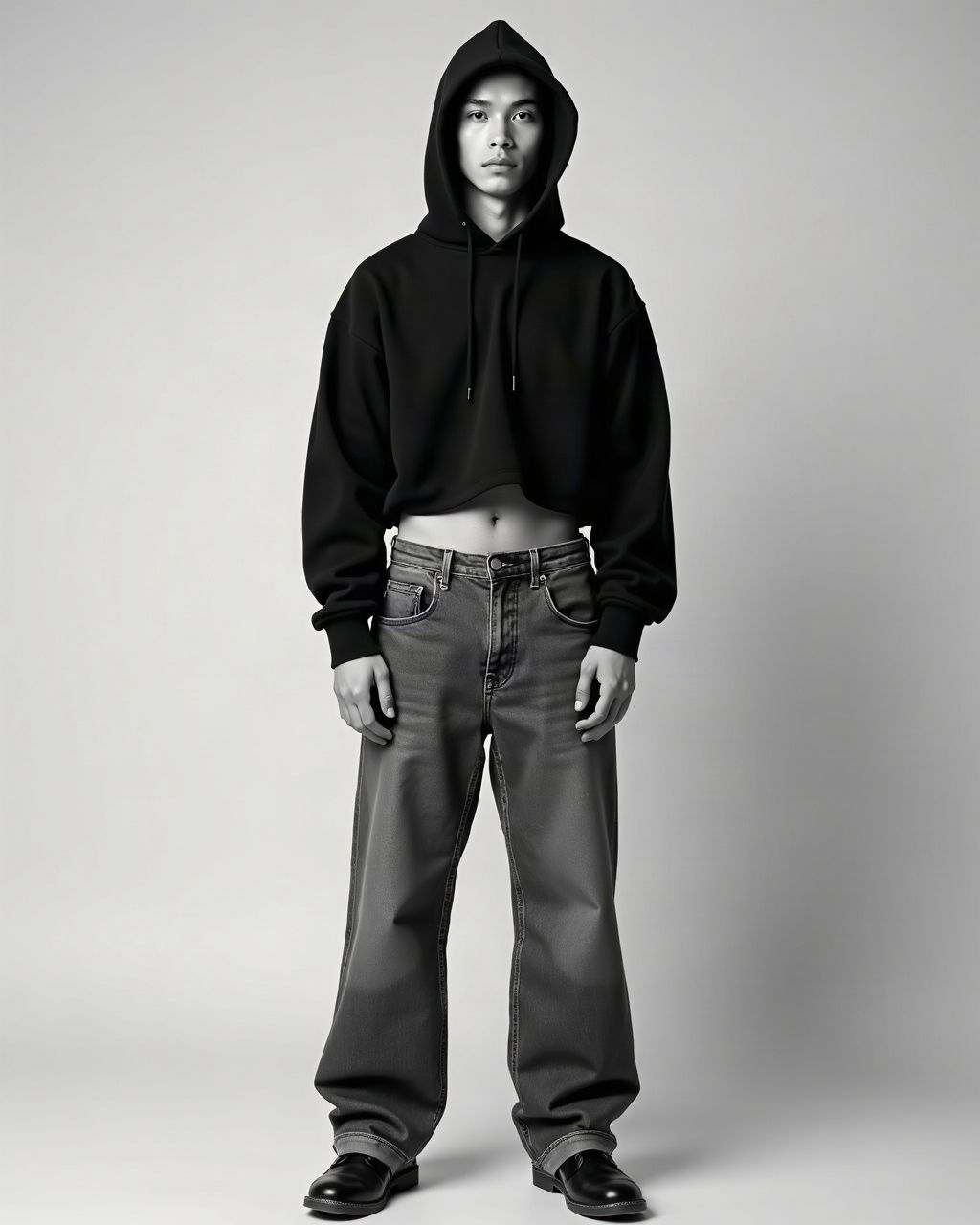 Model in a cropped black hoodie and baggy denim