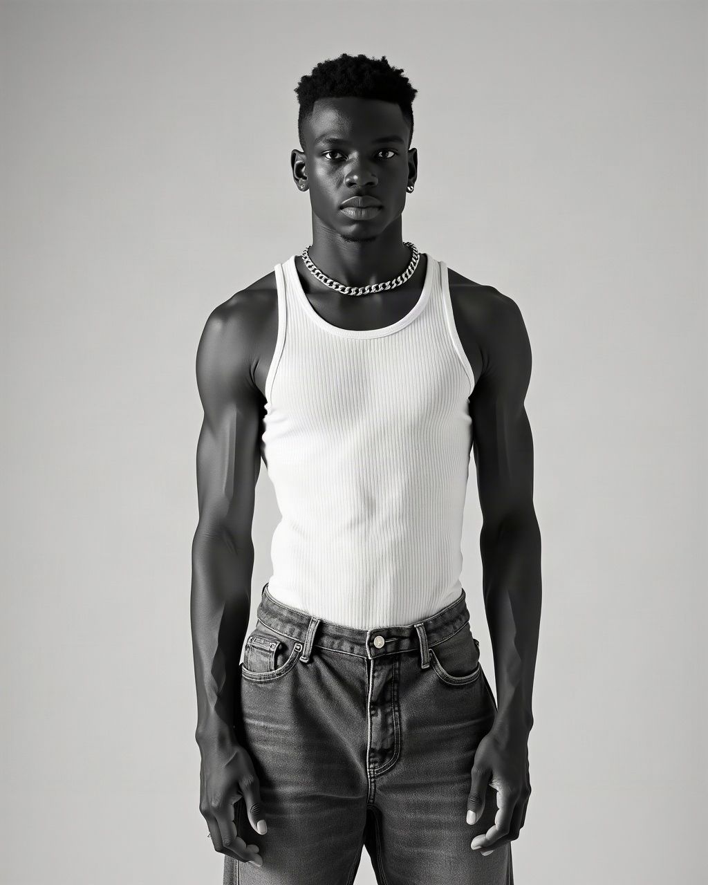 Model in a white ribbed tank, silver chain and baggy jeans