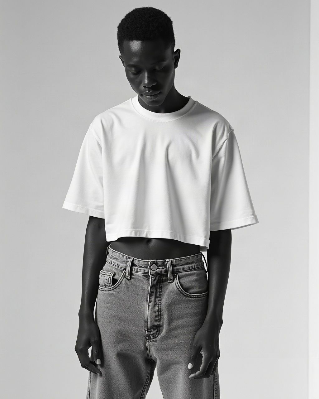 Model in a cropped white tee and baggy light-wash jeans