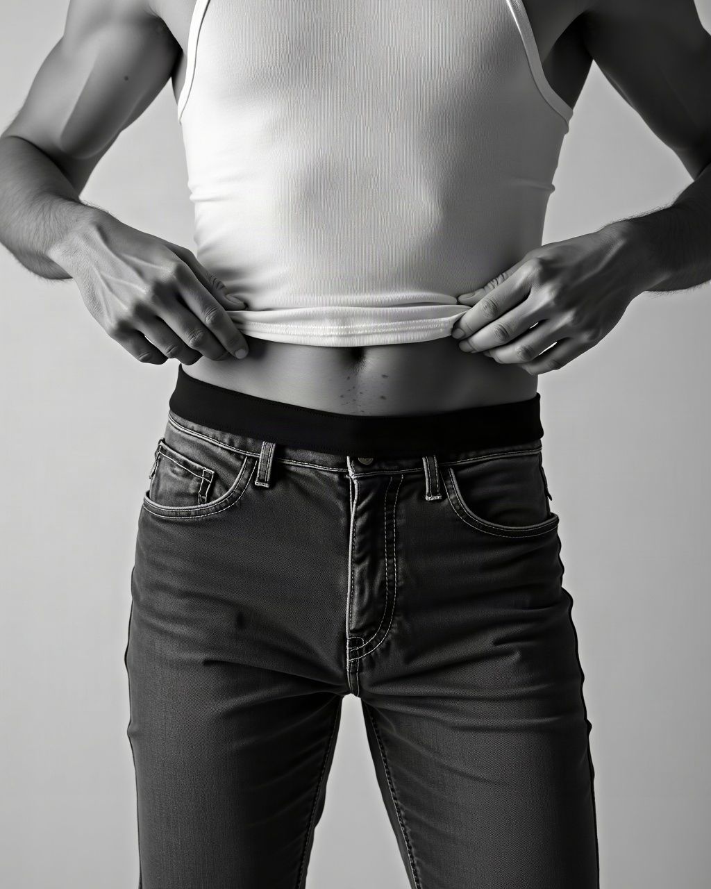 Black waistband showing above low-slung vintage jeans
